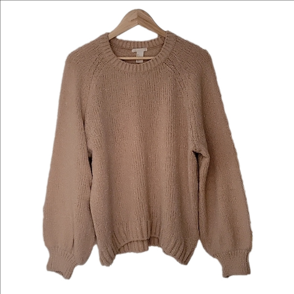 H&M Cream Chunky Knit Balloon Sleeves Silver Lurex Metalic Shimmer Fuzzy Sweater - Picture 2 of 16